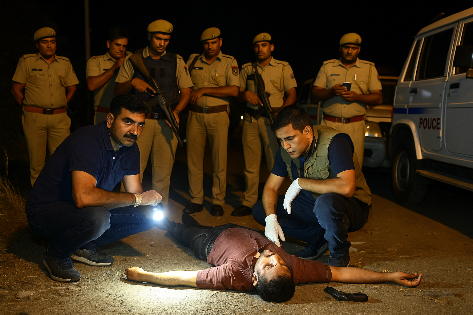 एनकाउंटर के बाद मौके पर जांच करती दिल्ली पुलिस और एसटीएफ की टीम — रोमिल वोहरा को किया ढेर