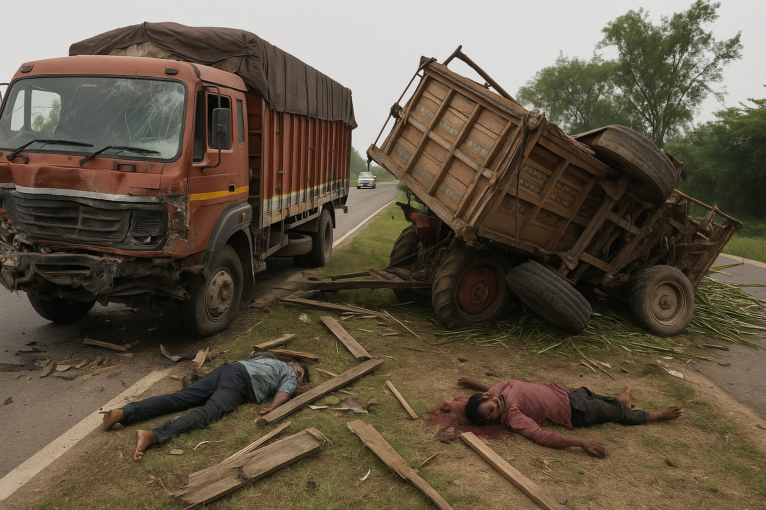 संभल सड़क हादसा ट्रक-ट्रॉली टक्कर में दो मजदूरों की मौत दो घायल