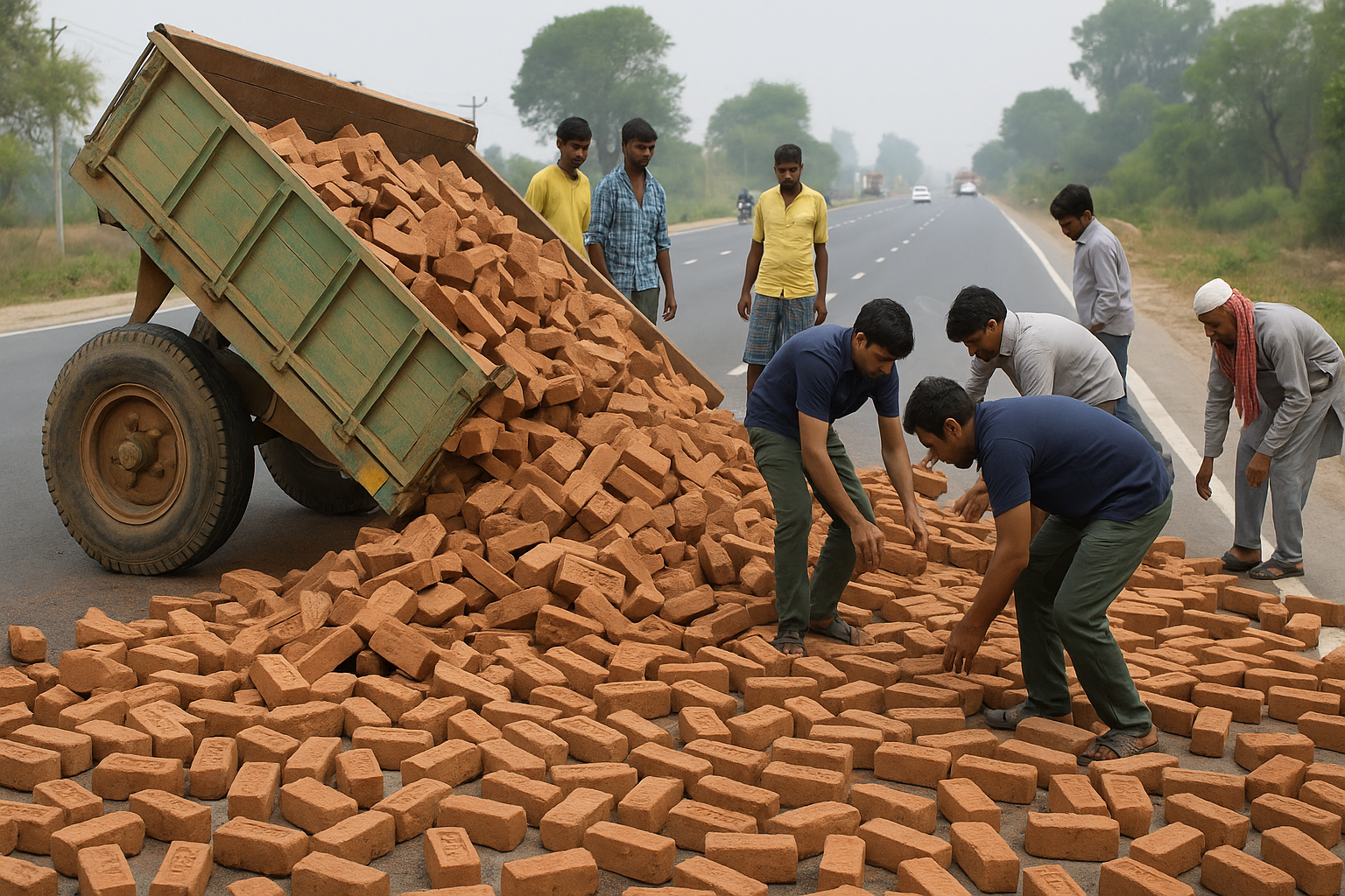 मुरादाबाद हाईवे पर पलटी ईंटों से भरी ट्रॉली – बड़ा हादसा टला, चालक सुरक्षित