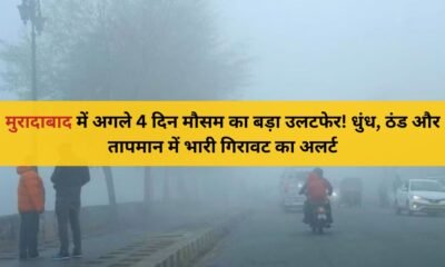 मुरादाबाद में ठंड के बीच बादलों और धुंध से घिरी सुबह का दृश्य