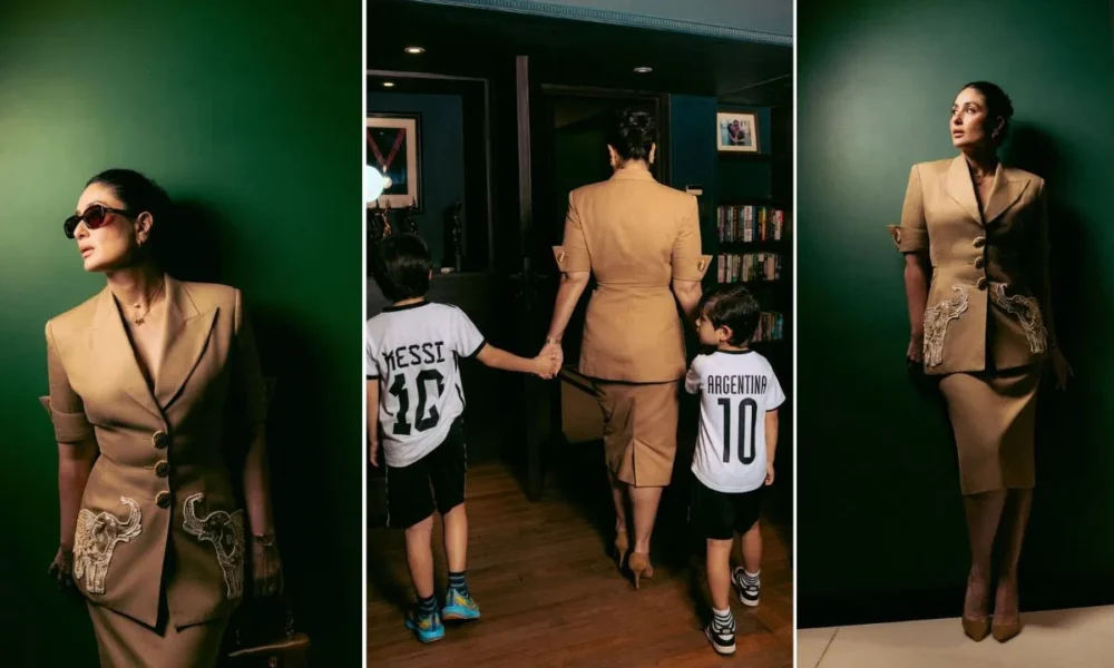 Vintage Valentino ’93 में Kareena Kapoor, Lionel Messi से मुलाकात के दौरान बेटों Taimur और Jeh के साथ
