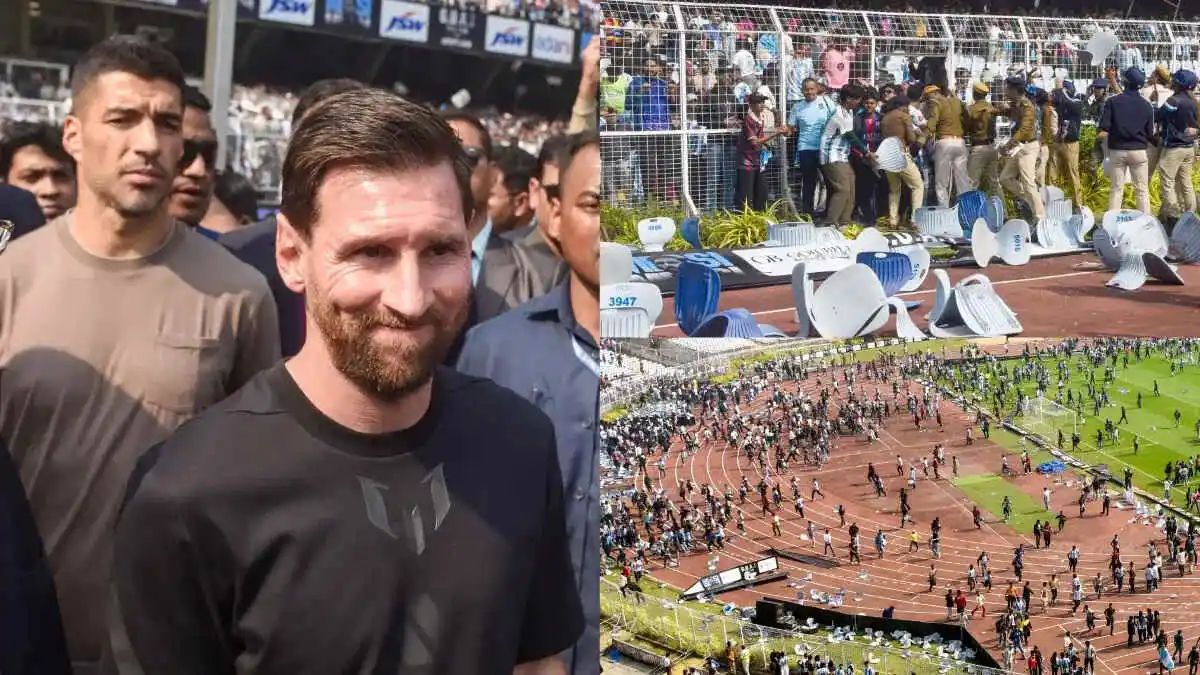 कोलकाता के सॉल्ट लेक स्टेडियम में लियोनेल मेसी इवेंट के दौरान नाराज फैंस और बढ़ती अव्यवस्था का दृश्य