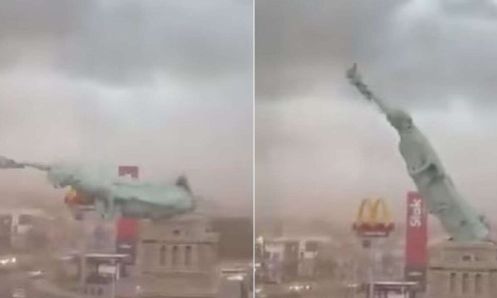 ब्राज़ील के Guaíba शहर में तेज़ हवाओं से गिरी Statue of Liberty की 24 मीटर ऊंची प्रतिकृति