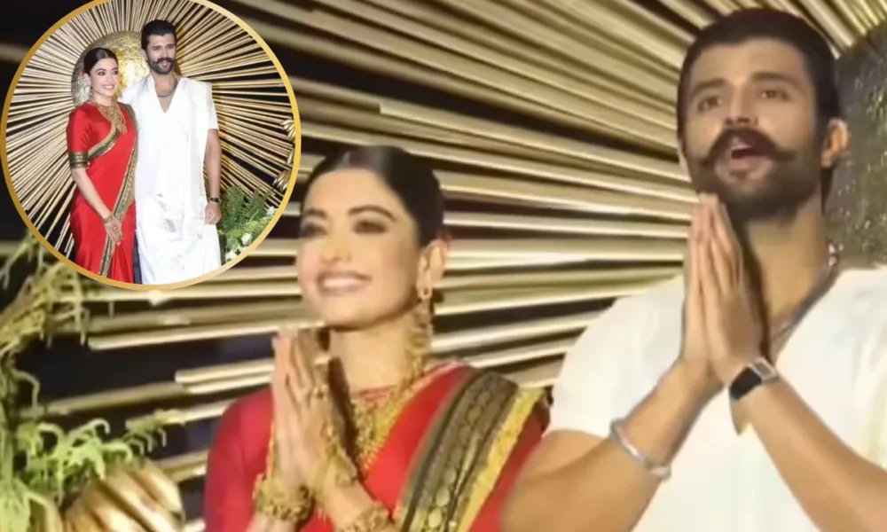 Hyderabad रिसेप्शन पर पारंपरिक अंदाज़ में पहुंचे Rashmika और Vijay।